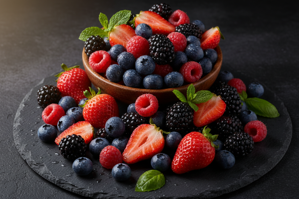 mixed berries dark background