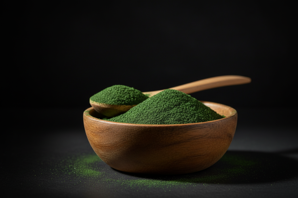 spirulina powder dark background